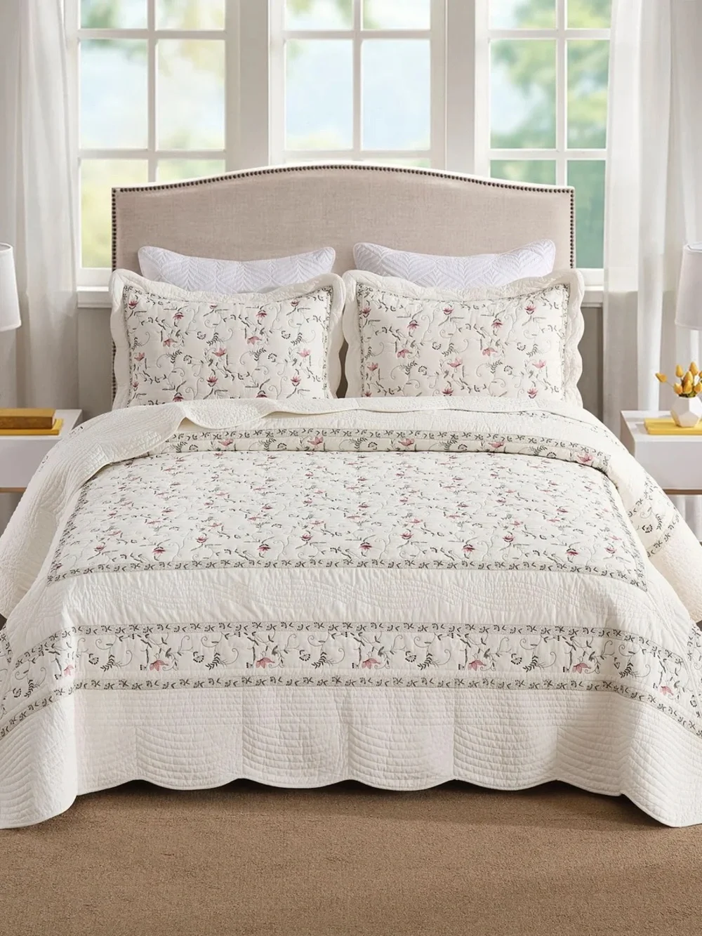 3 PIECE OVERSIZED 100% COTTON EMBROIDERED FLORAL QUILT BEDSPREAD SET